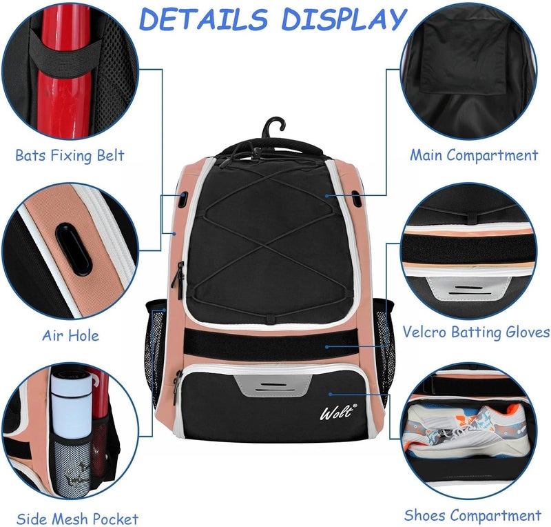 WOLT Youth Baseball Bag - Bat Backpack for Baseball, T-Ball & Softball Equipment & Gear, Bat & Glove Holder, Large Main Compartment for Helmet & accessories, Separate Shoes Compartment, Fence Hook - Image 4